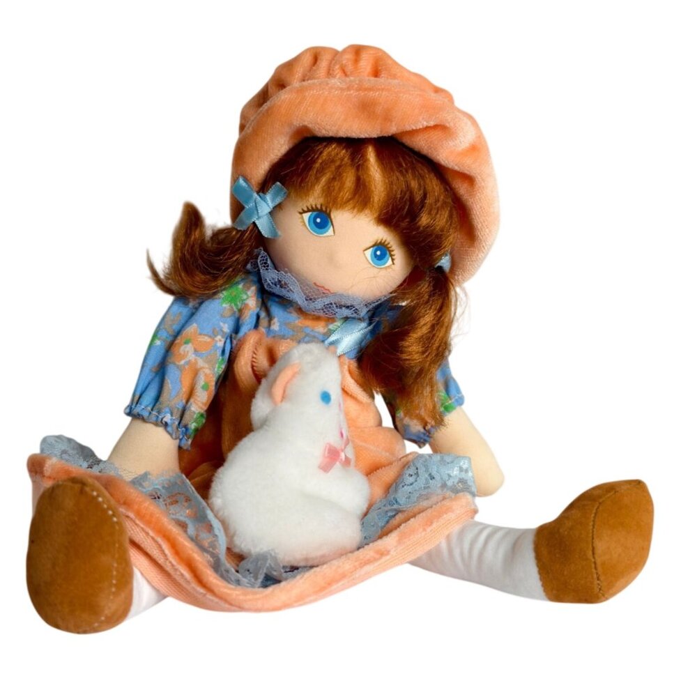 Vtg AmToy Soft Rag Doll 14" Floral Peach Dress Plush White Bunny Toy '83 Collect